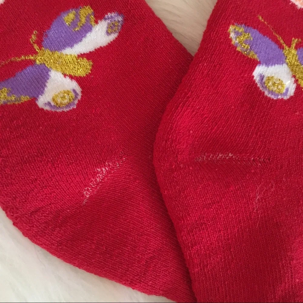 Cozy Kawaii Red Butterfly Socks w Metallic Thread